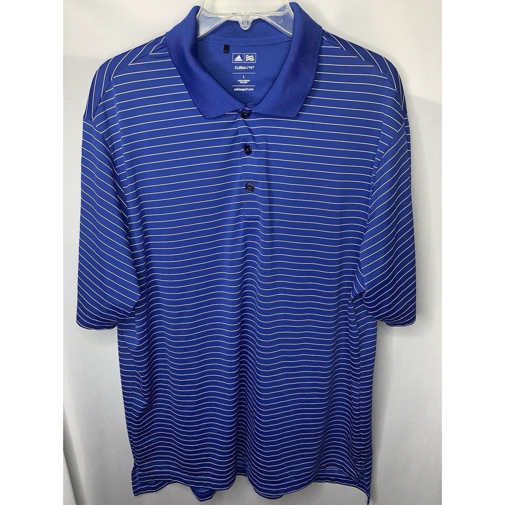 Mens L Climalite Adidas Golf Blue Preppy Short Sleeve Polo Striped Shirt